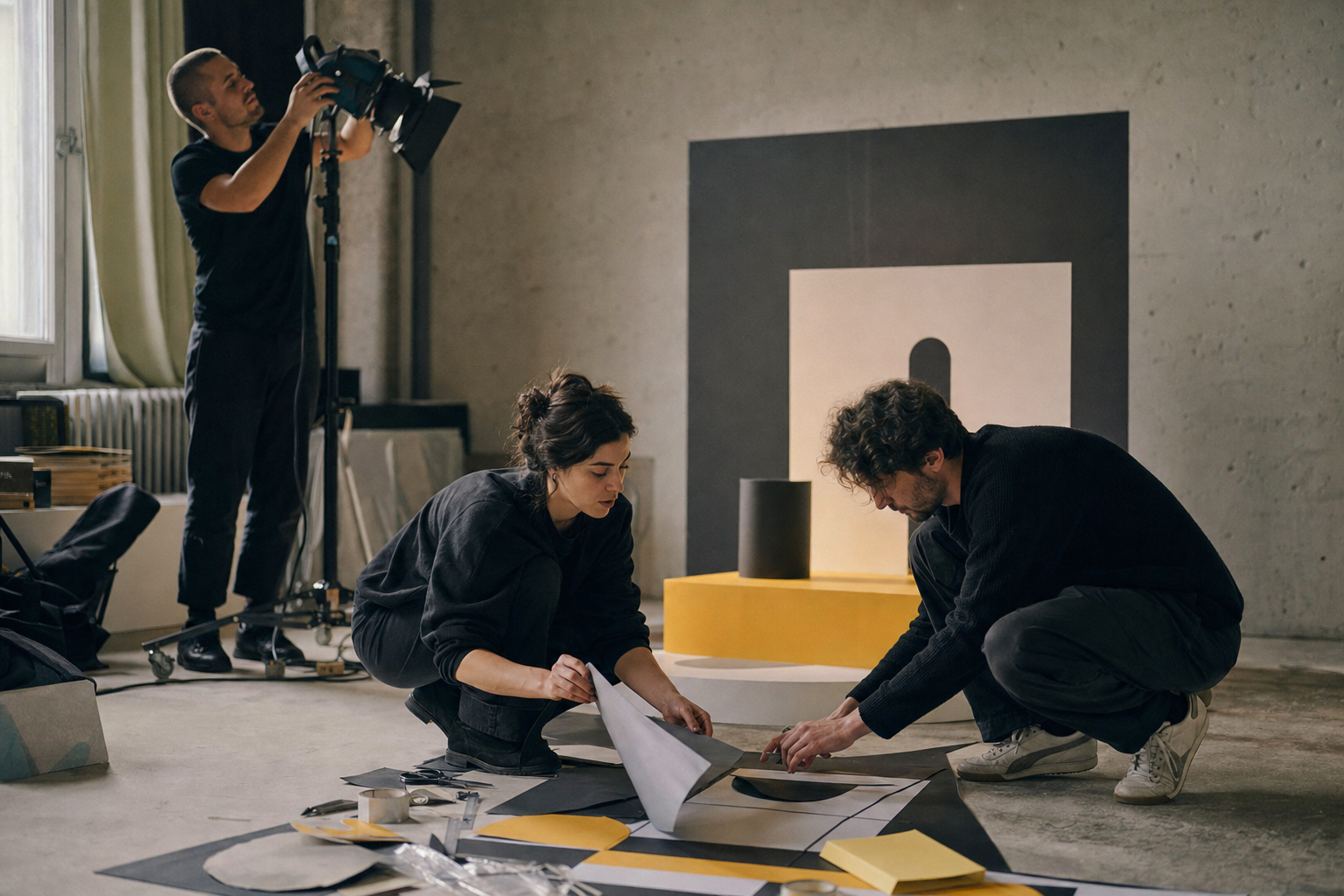 A creative team building a physical set