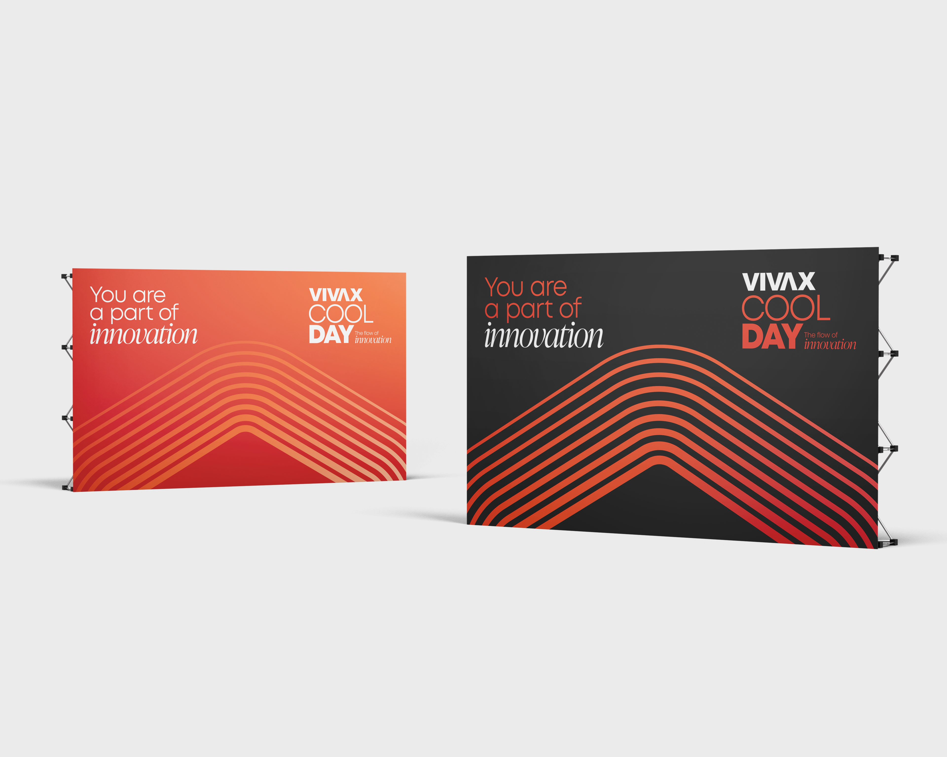 VIVAX Cool Day backdrop system with orange and black innovation graphics